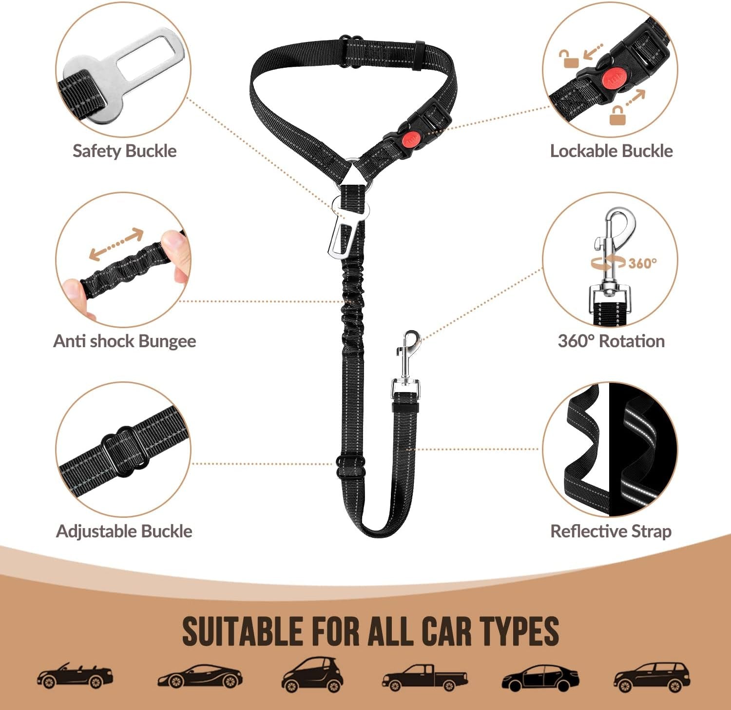 Dog Seat Belt for Car, 2 Pack Dog Car Harness Seatbelt Adjustable with Elastic Bungee Buffer, 2 in 1 Pet Car Leash Headrest Restraint Dog Reflective Safety Tether (S, Black, Headrest+Clip)